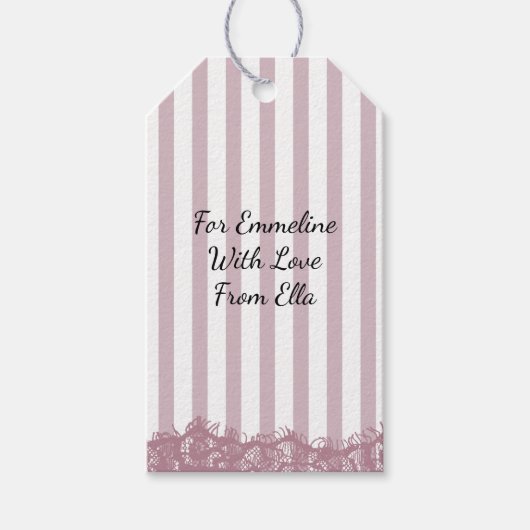 Roze strepen en kant Vrijgezellenfeest Cadeaulabel (Voorkant)