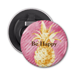 Roze Strepen Geel Goud Ananas Button Flesopener