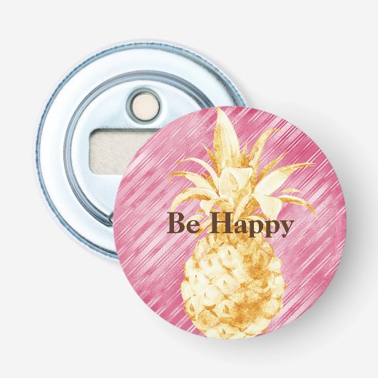 Roze Strepen Geel Goud Ananas Button Flesopener (Voorkant)