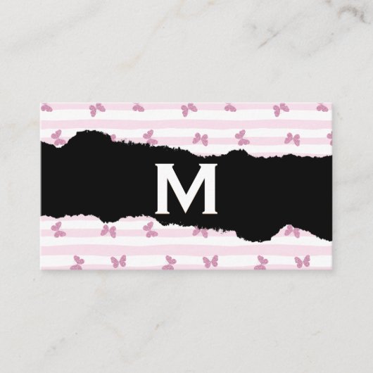 Roze strepen | Glitter Butterflies | Monogram Torn Visitekaartje (Voorkant)