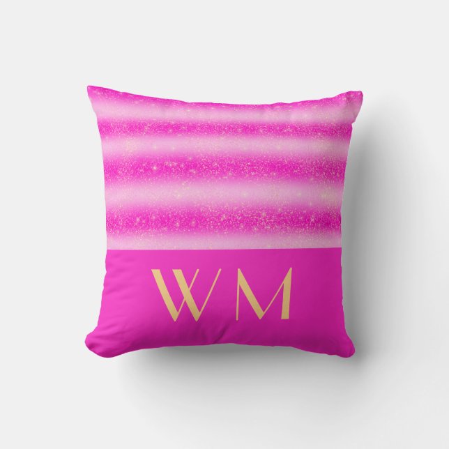 Roze Strepen Glitter Effect Monogram Kussen (Voorkant)