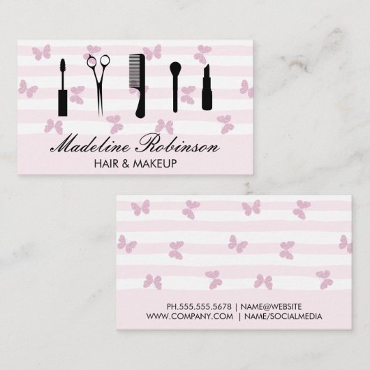Roze Strepen | Glitter Vlinders | Make-up Gereedsc Visitekaartje (Voorkant / Achterkant)