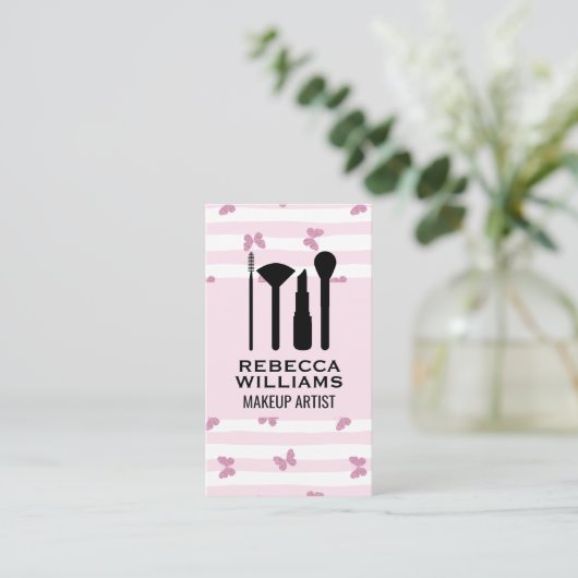 Roze Strepen | Glitter Vlinders | Make-up Set Visitekaartje (Staand voorkant)