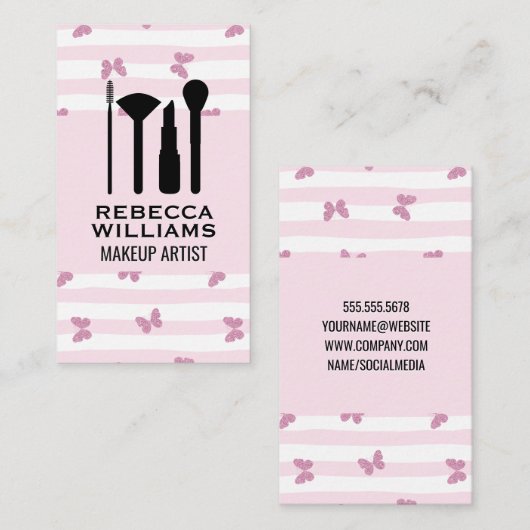 Roze Strepen | Glitter Vlinders | Make-up Set Visitekaartje (Voorkant / Achterkant)