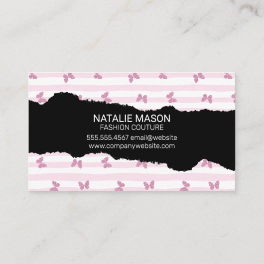 Roze Strepen | Glitter Vlinders | Monogram Gescheu Visitekaartje (Achterkant)