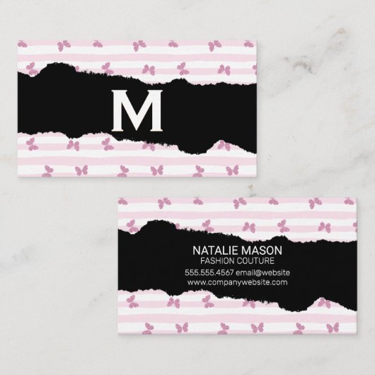 Roze Strepen | Glitter Vlinders | Monogram Gescheu Visitekaartje (Voorkant / Achterkant)