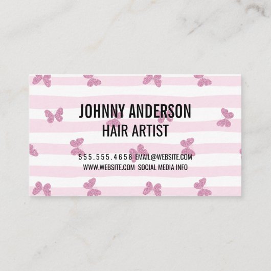 Roze strepen | Glittervlinders | Salonschaar Visitekaartje (Achterkant)