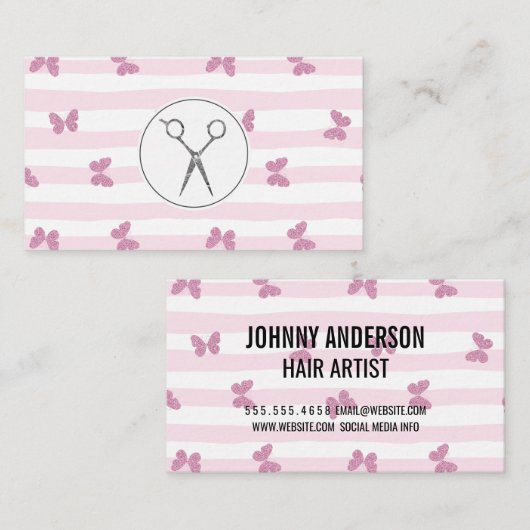 Roze strepen | Glittervlinders | Salonschaar Visitekaartje (Voorkant / Achterkant)