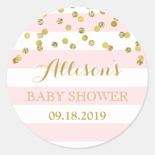 Roze Strepen Goud Confetti Baby shower Favor Tag Ronde Sticker (Voorkant)