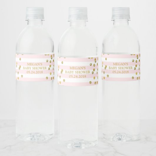 Roze Strepen Goud Confetti Baby shower Label Waterfles Etiket (Flessen)