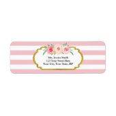 Roze Strepen Goud Roze Bloemen Retouradres Label (Voorkant)
