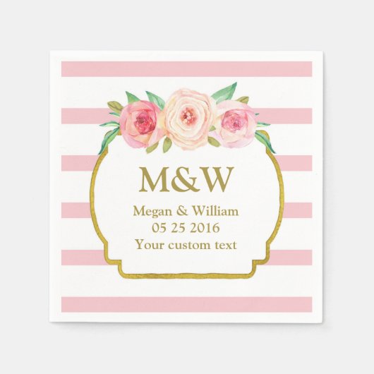 Roze Strepen Goud Roze Bloemen Trouwservetten Servetten (Voorkant)