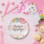 Roze Strepen Gouden Confetti Waterverf Bloemen Papieren Bordje (Feest)