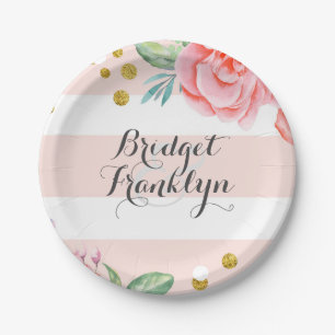 Roze Strepen Gouden Confetti Waterverf Bloemen Papieren Bordje