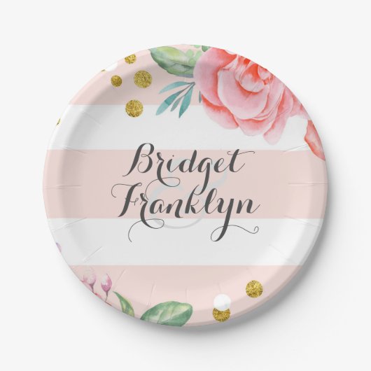 Roze Strepen Gouden Confetti Waterverf Bloemen Papieren Bordje (Voorkant)