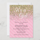 Roze Strepen & Gouden Glitter Baby shower Uitnodig Kaart (Voorkant)