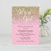 Roze Strepen & Gouden Glitter Baby shower Uitnodig Kaart (Staand voorkant)