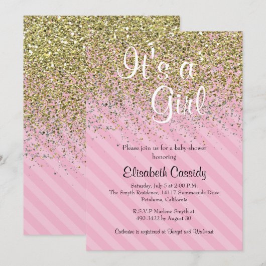 Roze Strepen & Gouden Glitter Baby shower Uitnodig Kaart (Voorkant / Achterkant)