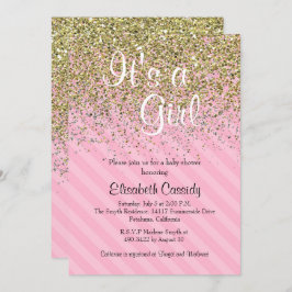 Roze Strepen & Gouden Glitter Baby shower Uitnodig Kaart