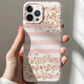 Roze Strepen Gouden Glitters Confetti Monogram Case-Mate iPhone Case