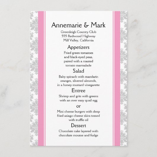 Roze Strepen Grijs Damast Bruiloft Menu (Voorkant)