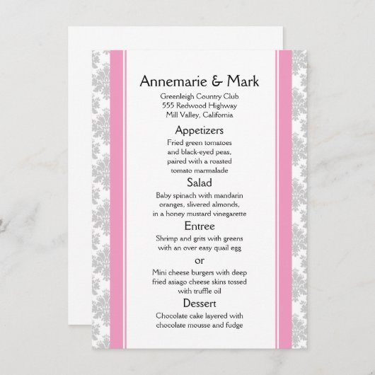 Roze Strepen Grijs Damast Bruiloft Menu (Voorkant / Achterkant)