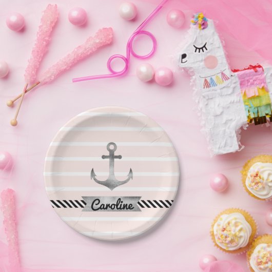 Roze strepen Grijze Waterverf Anchor Aangepast Papieren Bordje (Feest)