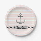 Roze strepen Grijze Waterverf Anchor Aangepast Papieren Bordje (Voorkant)