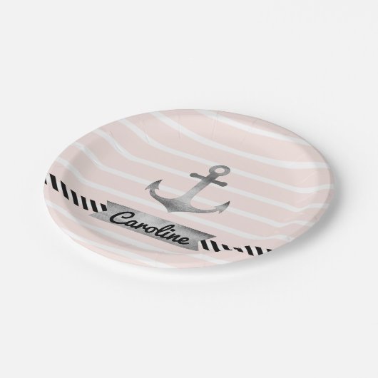 Roze strepen Grijze Waterverf Anchor Aangepast Papieren Bordje (Gekanteld)