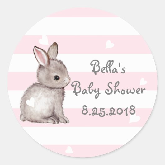 Roze Strepen Hart Konijn Baby shower Stickers (Voorkant)