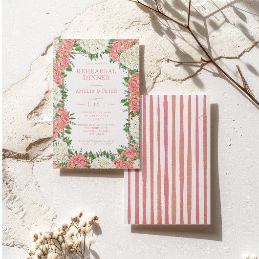 Roze Strepen Hydrangeas Huwelijksrepetitie Diner Kaart