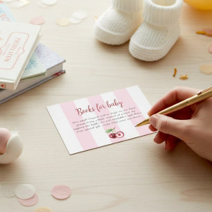 Roze Strepen Kersen Boeken voor Babyfeestje Informatiekaartje