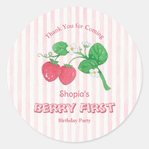 Roze Strepen Meisje Aardbei Eerste Verjaardag Ronde Sticker