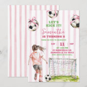 Roze Strepen Meisje Voetbal Let's Kick It Verjaard Kaart (Voorkant / Achterkant)