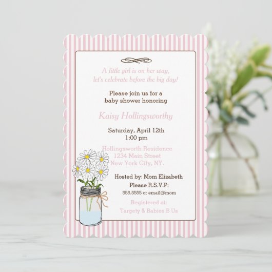Roze strepen met bloemen in Mason Jar Baby shower Kaart (Staand voorkant)