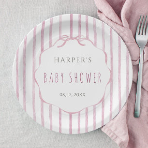 Roze strepen met geschulpte lijst Meisje Baby Show Papieren Bordje