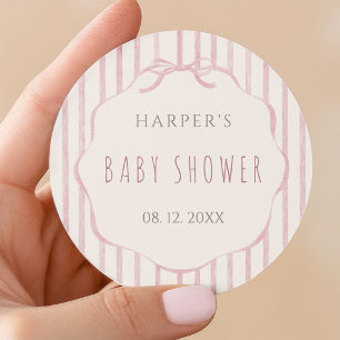 Roze Strepen met Geschulpte Rand Baby Borrel  Ronde Sticker