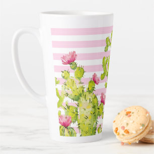Roze Strepen met Prikkende Peer Cactus Aquarel Latte Mok