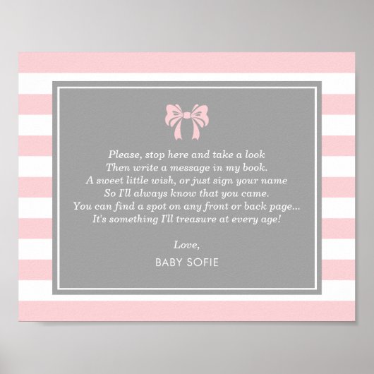 Roze Strepen met Strik Baby Shower Gastboek Poster (Voorkant)