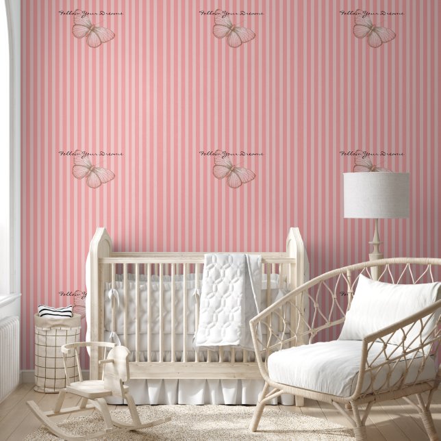 Roze strepen met vlinder behang (Kinderen)