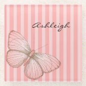 Roze strepen met vlinder glazen onderzetter (Voorkant)