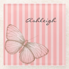Roze strepen met vlinder glazen onderzetter