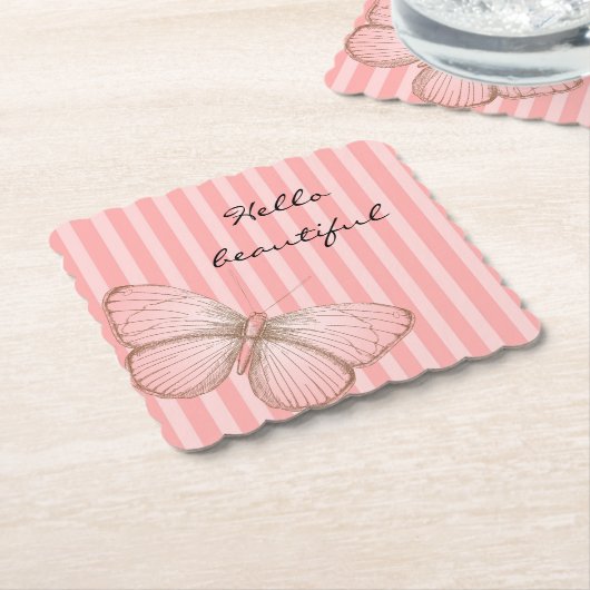 Roze strepen met vlinder kartonnen onderzetters (Gebogen)