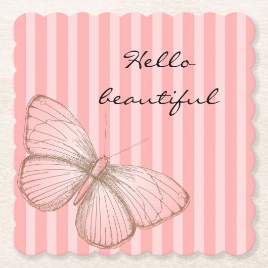 Roze strepen met vlinder kartonnen onderzetters (Voorkant)