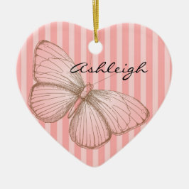 Roze strepen met vlinder keramisch ornament