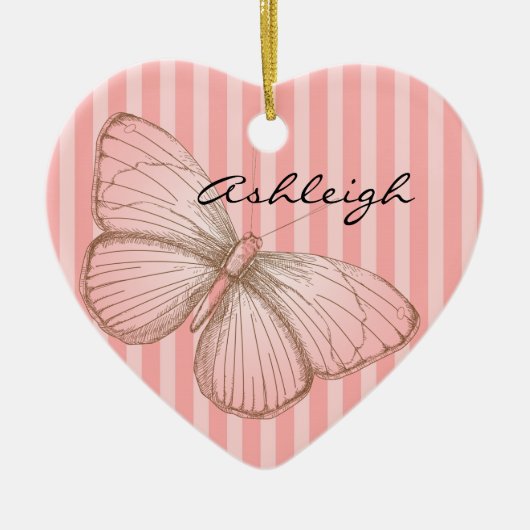 Roze strepen met vlinder keramisch ornament (Voorkant)