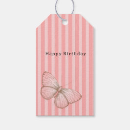 Roze strepen met vlinder verjaardag cadeaulabel