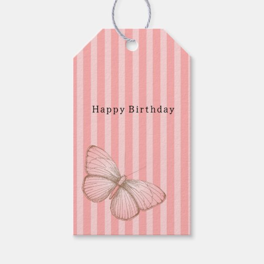 Roze strepen met vlinder verjaardag cadeaulabel (Voorkant)