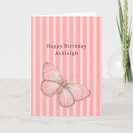 Roze Strepen met Vlinder Verjaardag Kaart