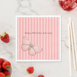 Roze Strepen met Vlinder Verjaardag Servet